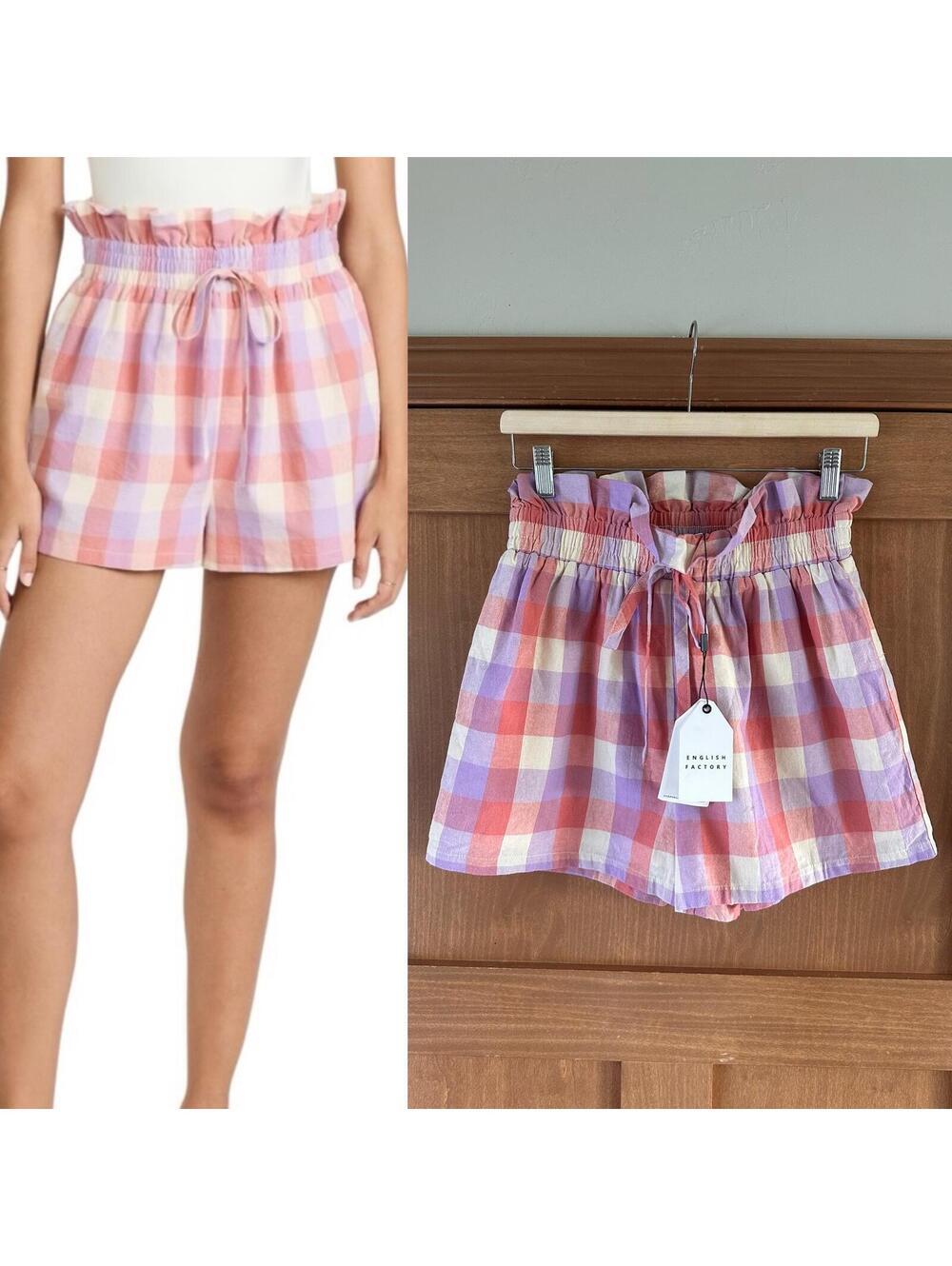 NWT English Factory Gingham Multi Plaid Ruffle Pull On Shorts Pink Women’s Small